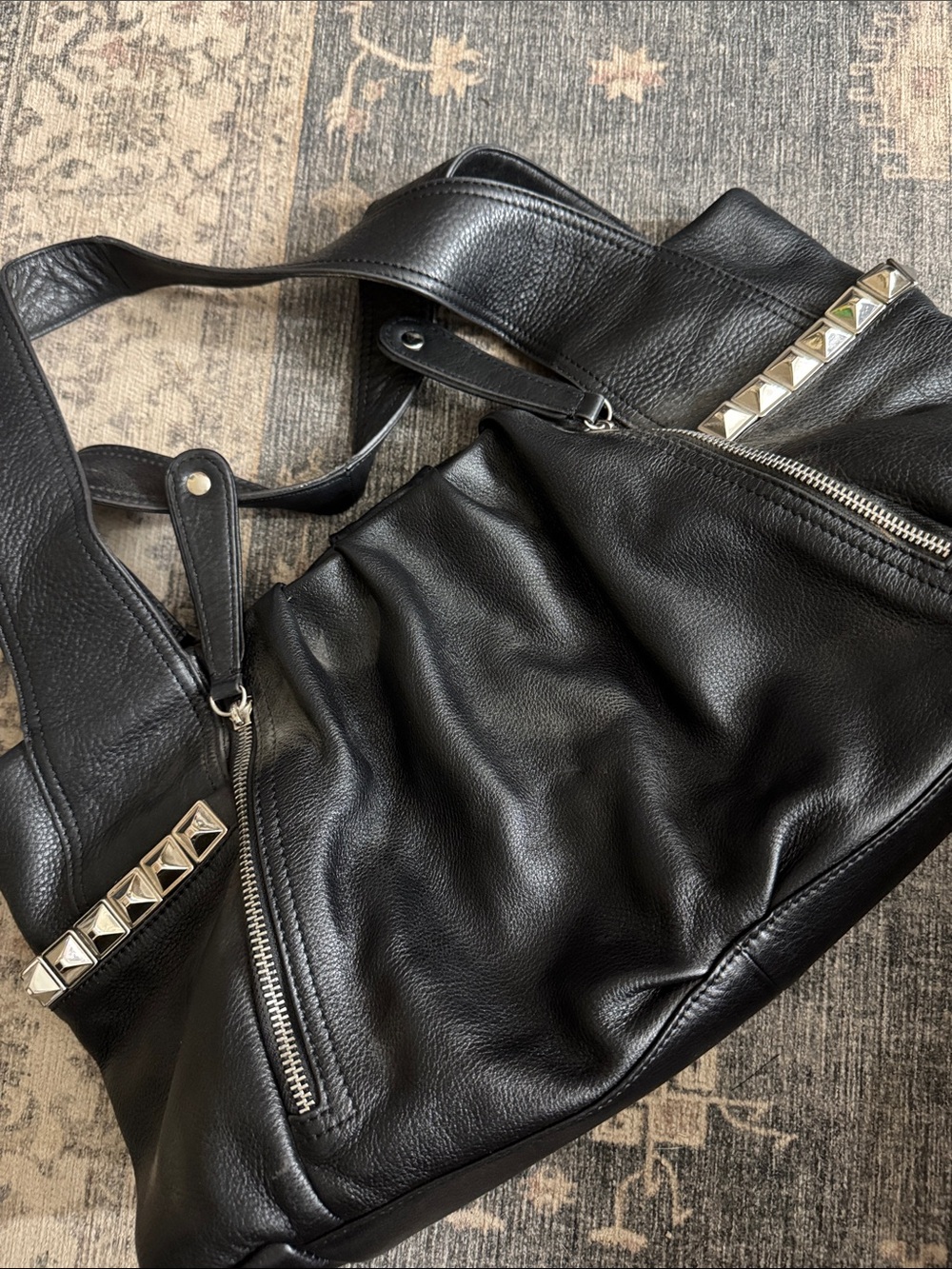 B Makowsky Black Leather Studded Sydney satchel with leopard interior